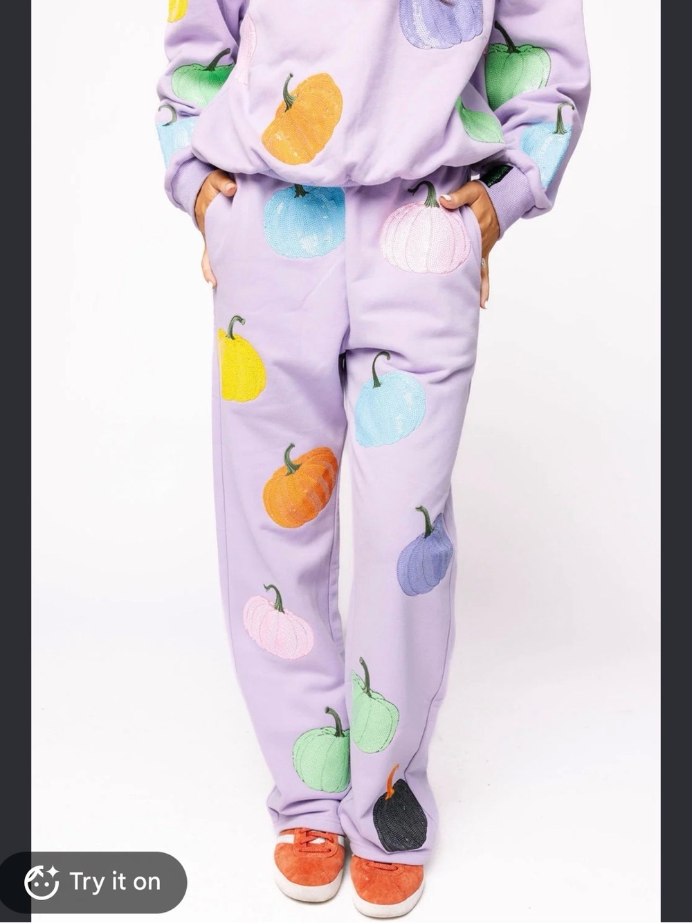 QUEEN OF SPARKLES Lavender Track Joggers with sequin Pumpkin Embroidery